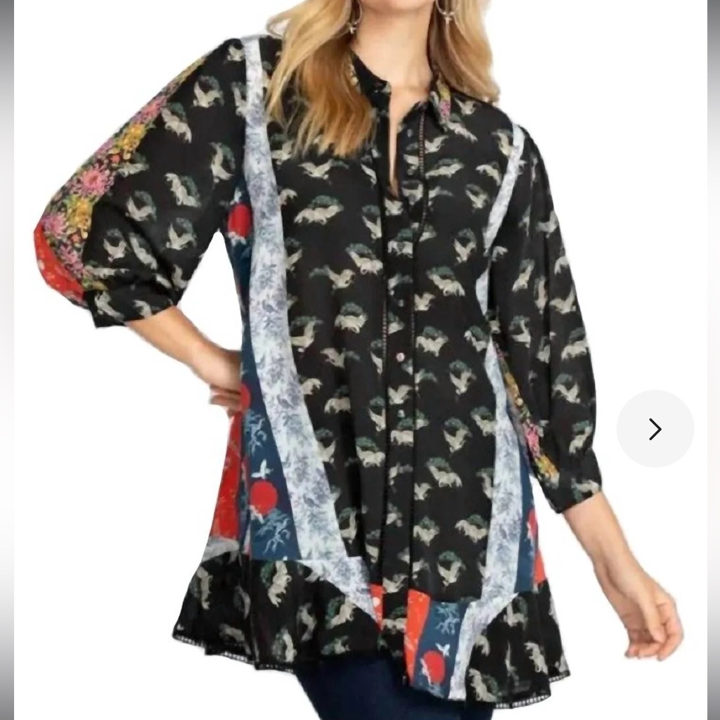 Boho Patchwork Black Floral Silk Button Down Top/Tunic